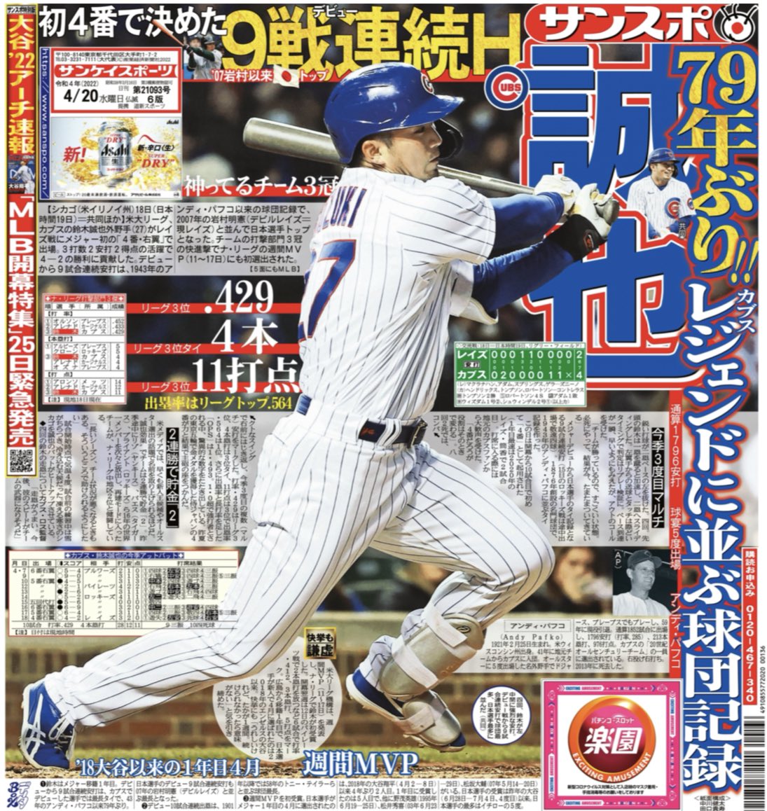 YamadaMLB's tweet photo. カブス #鈴木誠也 デビュー９試合連続安打！　７９年ぶり、レジェンドに並ぶ球団記録（1/2ページ） - サンスポ https://t.co/tRo6DCfCFT via @SANSPOCOM https://t.co/NY824K0oG2