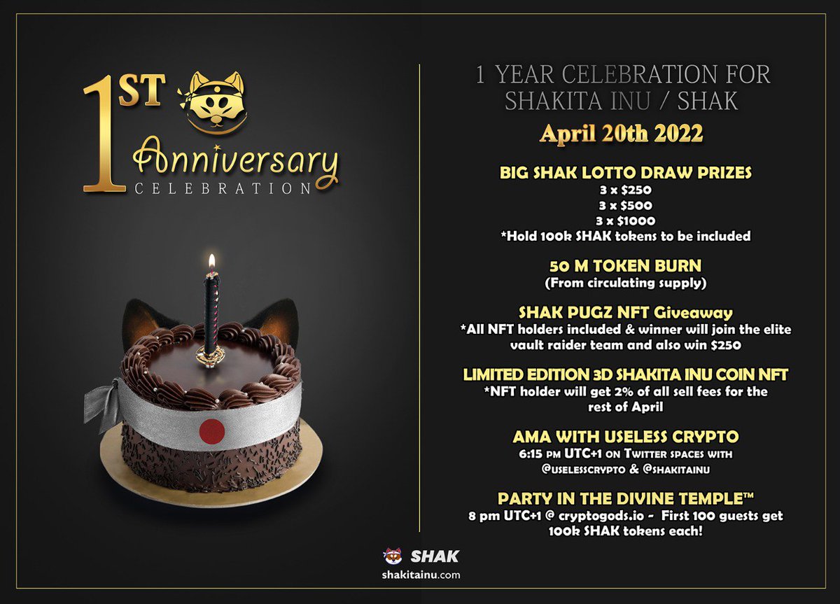 ShakitaInu's tweet photo. Lets make some noise SHAK FAM! 

Aint no party like a #bigshakparty 

Lots of community fun and big giveaways tomorrow 20th April 2022 🥳

#shak #shakitainu #samuraishak #shibkiller
@the_crypto_gods @cryptojesus666 @uselesscrypto https://t.co/iWHD4elxjt
