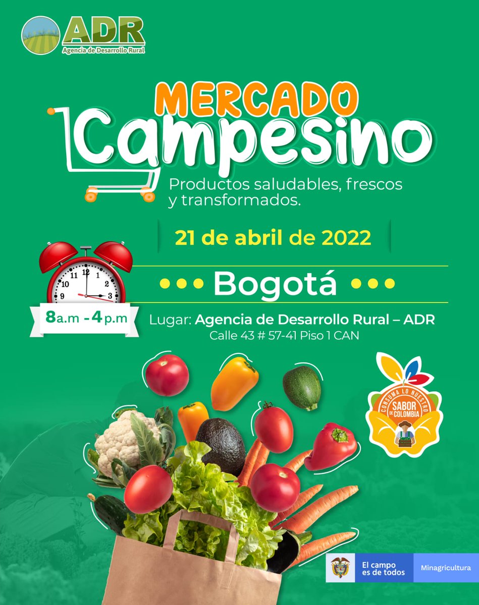 ADR_Colombia's tweet photo. Alista el 🧺 porque tendremos un #MercadoCampesino en las instalaciones de nuestra Agencia, promoviendo el consumo de productos saludables, frescos y transformados. 

No te lo pierdas ¡te esperamos! https://t.co/axKKMW5wZv