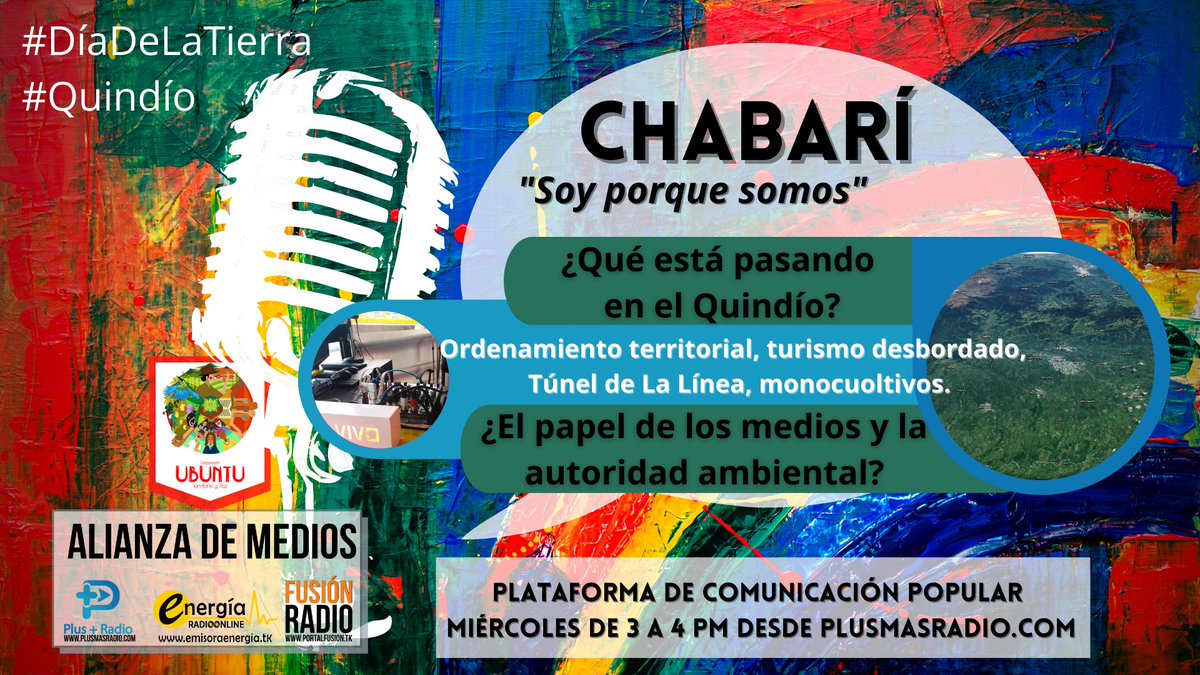 UbuntuPaz's tweet photo. #Radio #Chabarí #Quindío
#ComunicaciónPopular
Este miércoles, de 3 a 4 pm, estaremos con Néstor Ocampo, hablando sobre la compleja situación ambiental del #Quindío y el papel de los medios de comunicación y la autoridad ambiental.
Desde @PlusMasRadio
https://t.co/XdJAsWL2NY https://t.co/5AYVpqe4NY