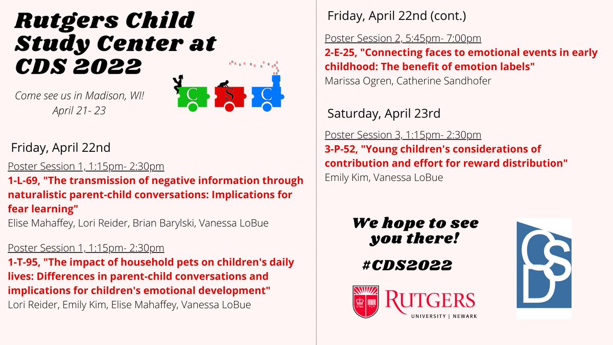 Coming to CDS this weekend? Stop by these posters from the Child Study Center at Rutgers! #CDS2022