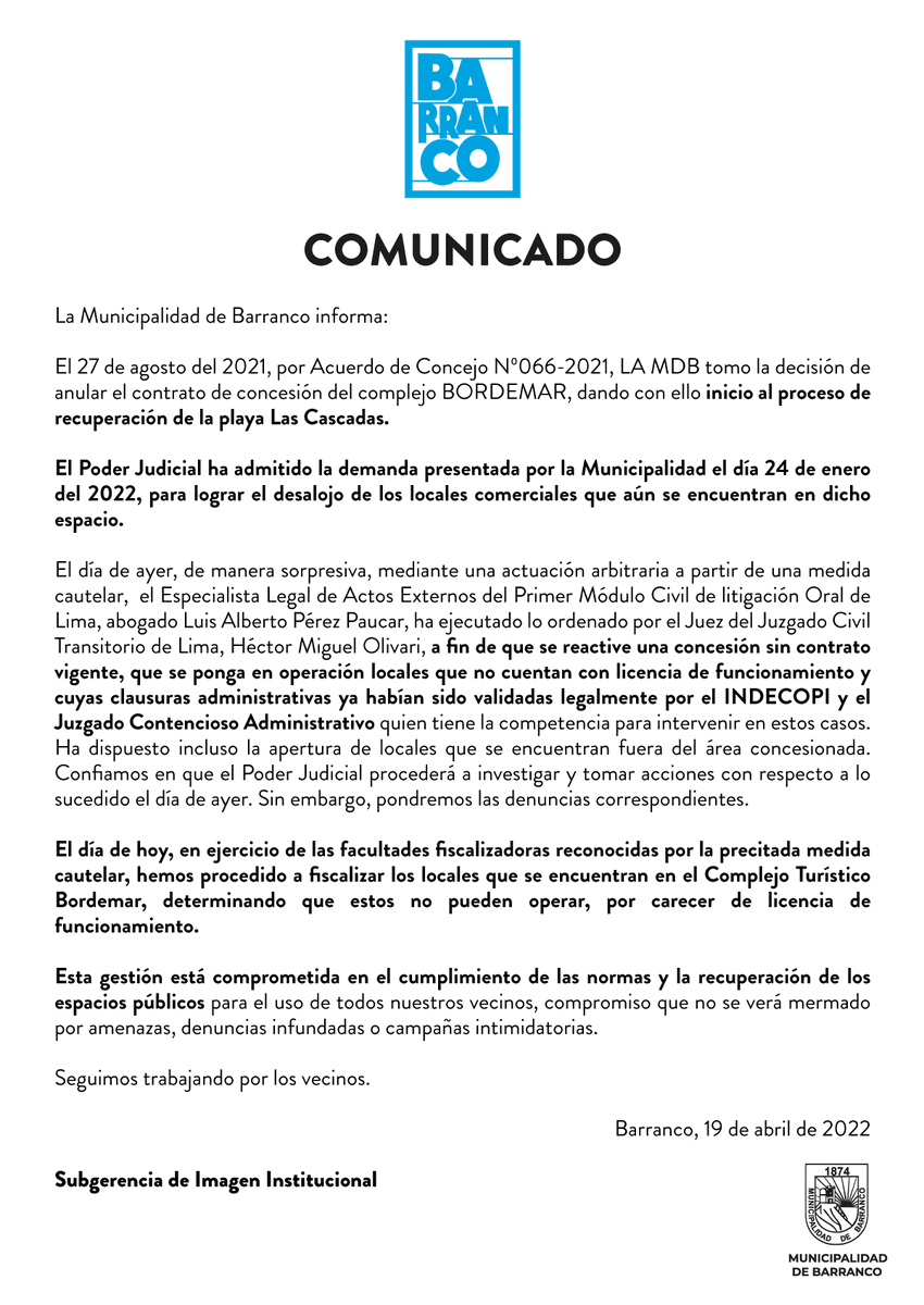 Barranco_Muni's tweet photo. 📢#BORDEMAR: todo sobre su #clausura y reciente apertura aprobada por un juez transitorio. Entérate de las acciones que venimos realizando para #recuperar este #espacio para todos los barranquinos👇 https://t.co/H2lXDrLzFN