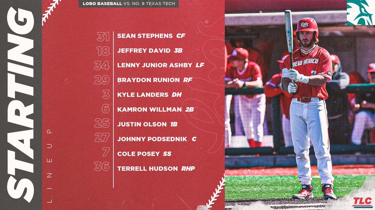 UNMLoboBaseball's tweet photo. 30 minutes until first pitch! Here's how we're lining up against the Red Raiders 🐺

#GoLobos | #WeAreNM https://t.co/T2ePu1V92s