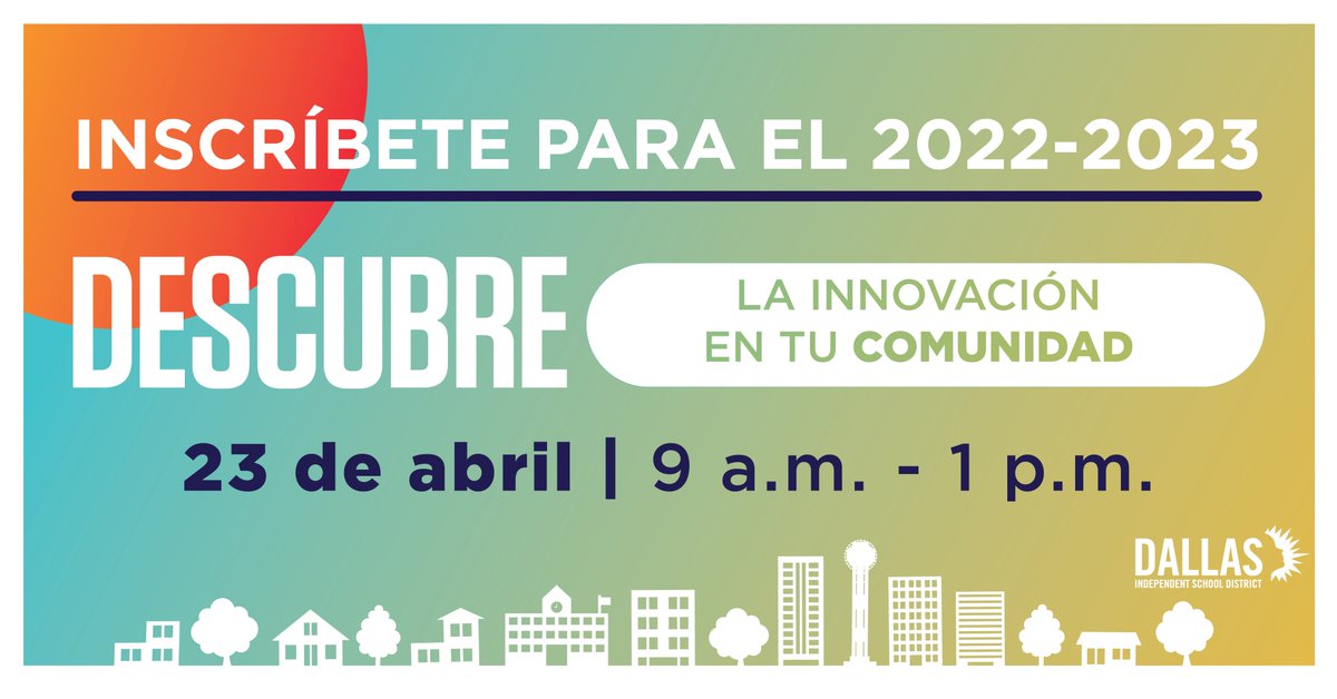 dallasschools's tweet photo. Dallas ISD is now enrolling for the 2022-23 school year! Complete your registration by joining us on Sat. April 23, from 9 AM to 1 PM at the Discover Innovation in Your Neighborhood school event.
➡️ https://t.co/MWNiylNVJK.
#DallasISDIsHome https://t.co/nhLvwPbLAZ