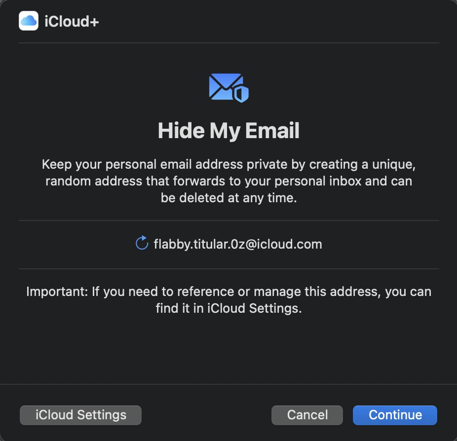 Thanks for generating that random email address for me, Apple, but I don’t think I want to be the guy registered for this forum as flabby.titular.0z@icloud.com