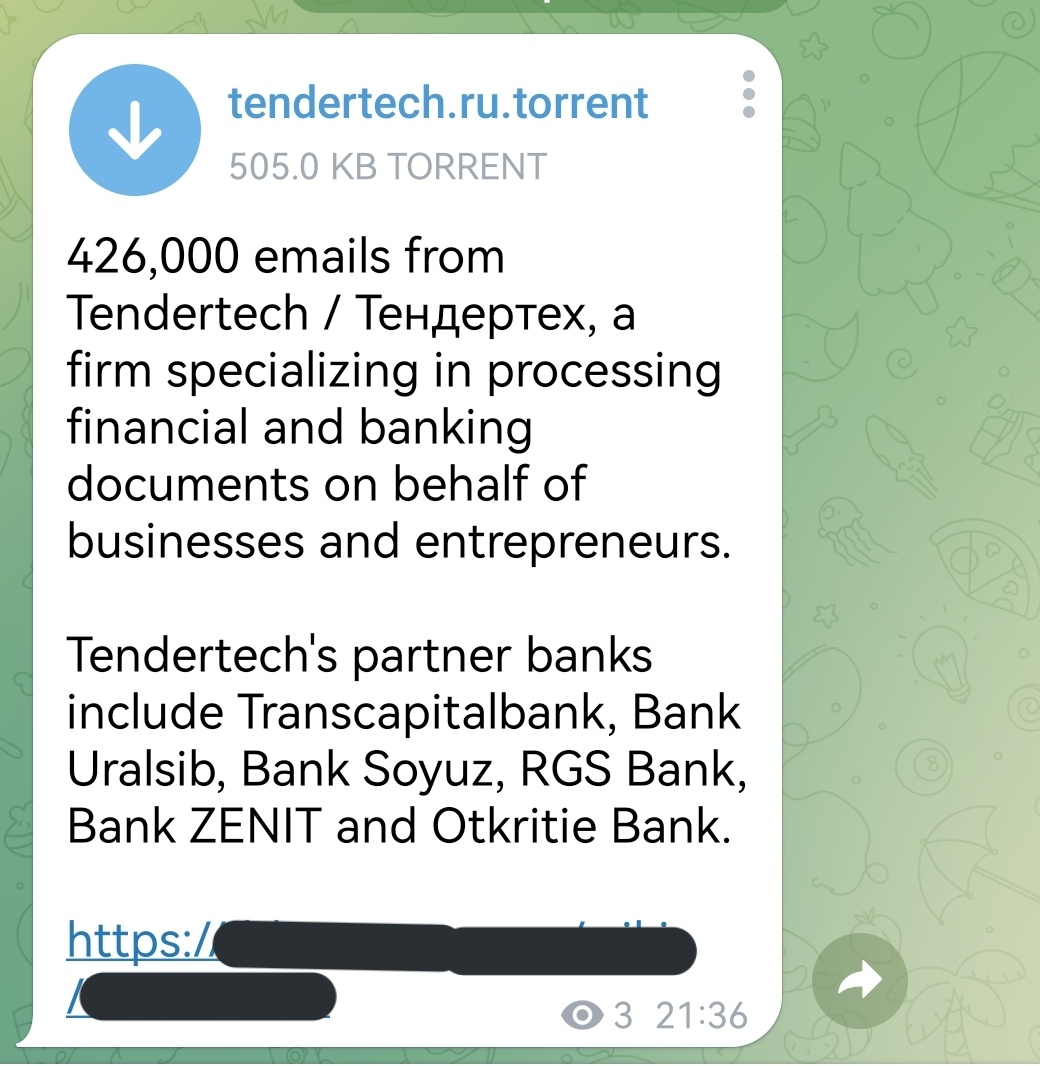 S0ufi4n3's tweet photo. 426,000 emails from Tendertech, a firm specializing in processing financial and banking documents on behalf of businesses and entrepreneurs. Leaked on #DistributedDenialofSecrets 

Tendertech's partner banks include Transcapitalbank, Bank Uralsib, Bank Soyuz, RGS Bank,... https://t.co/jteaV1Drew