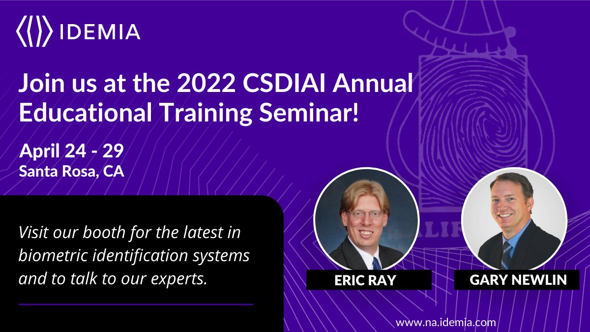 IDEMIA_PS's tweet photo. The IDEMIA team is excited to be at this year’s #CSDIAI April 24 – 29! Join us at our booth to see the latest in biometric identification systems from our biometric and secure identity solutions experts. https://t.co/5Xdk1h5D1m #forensics #fingerprinting #biometrics @IdemiaGroup https://t.co/atbAkbu8eH