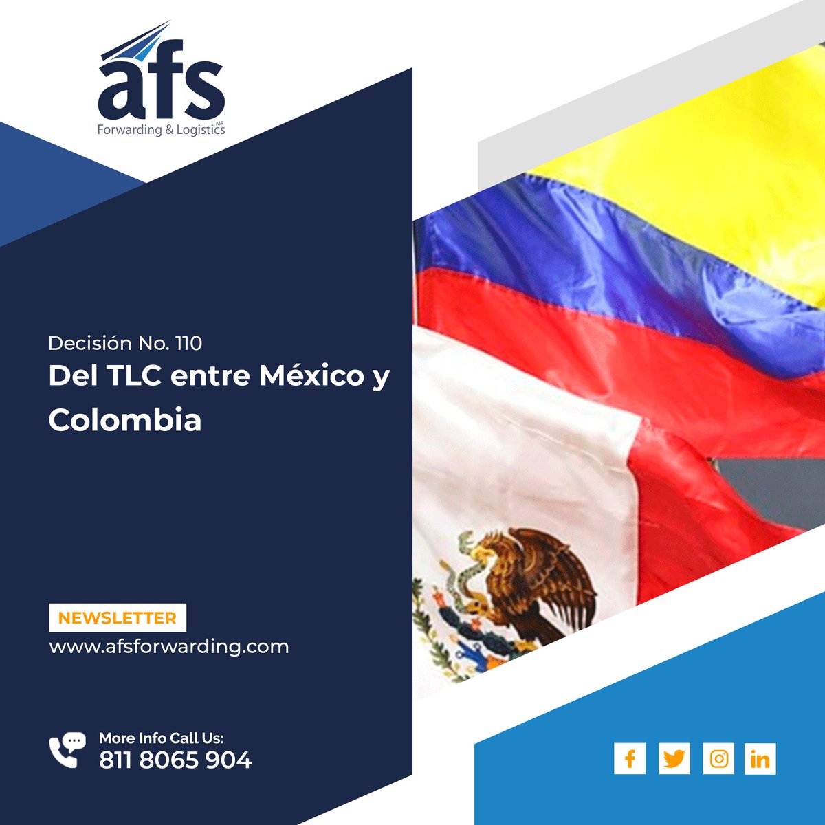 • AFS Newsletter
• "Se da a conocer la decisión No. 110 del tratado de libre comercio entre México y Colombia"

• Entra al enlace oficial para leer la nota completa:
rb.gy/rjdpt2

#PuertosMexicanos
#asfforwardingandlogistics #agenciaaduanalmonterrey