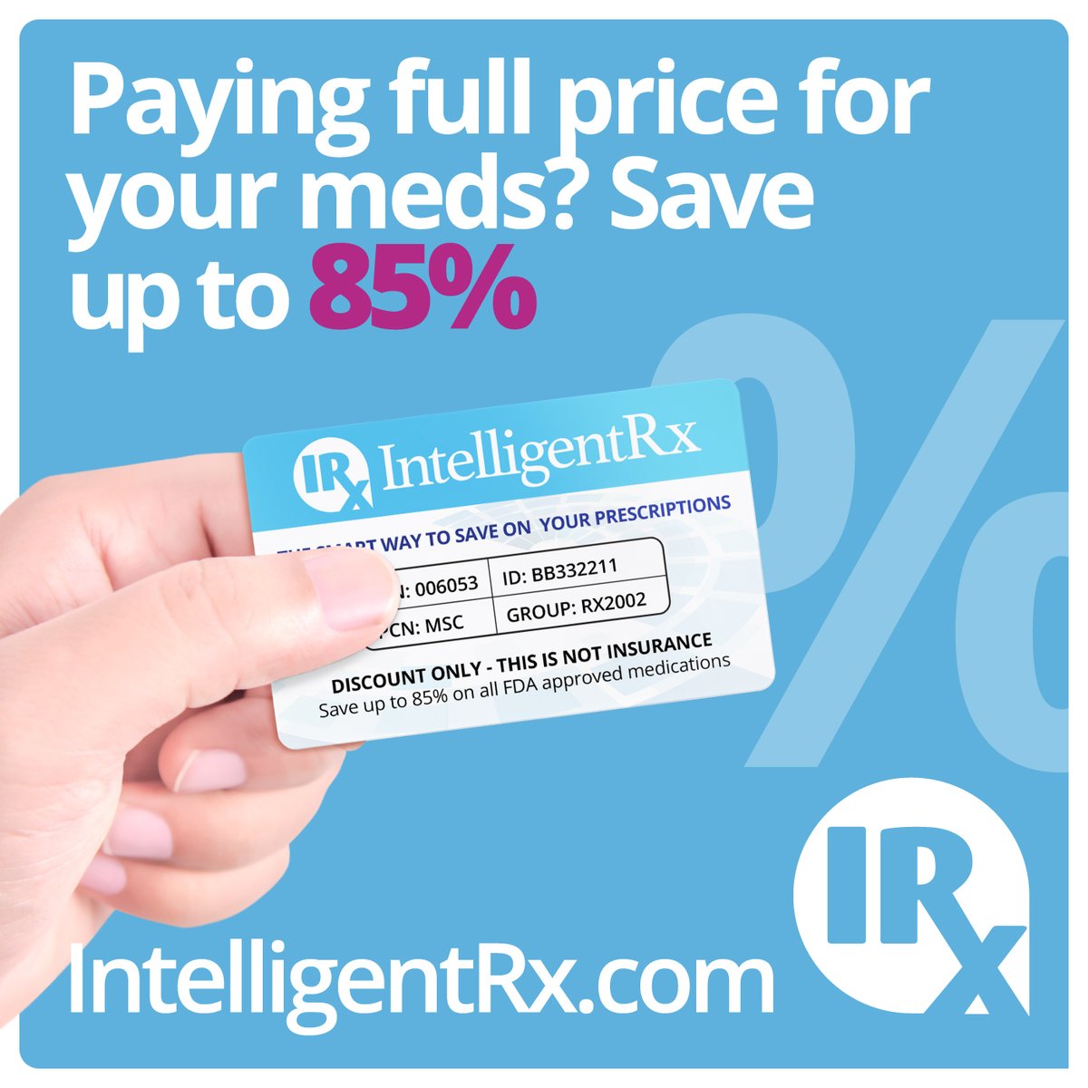 Are you among the millions of Americans still paying full price for your prescriptions? Use IntelligentRx and save up to 85% on all your prescription meds.

#prescriptions #pharmacy #pharmacists #onlinepharmacy #prescriptionmedication #affordablemeds #genericdrugs #insurance