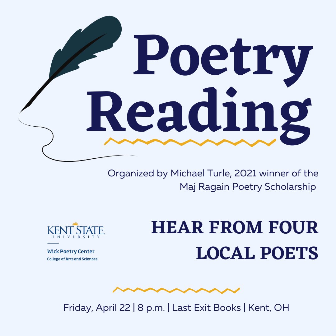 THIS FRIDAY! Celebrate the legacy of Maj Ragain and the vibrant poetry community in Kent. Join Michael Turle, Risha Nicole, Patrick Moorman, and Olivia Wachtel for a poetry reading.
