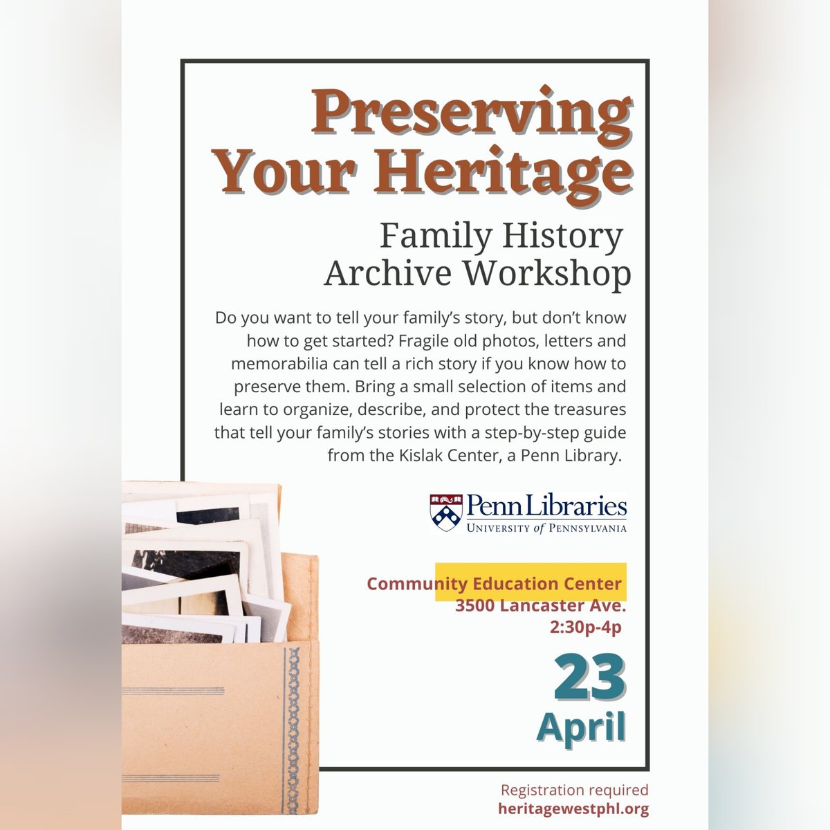 Do you want to tell your family's story, but don't know how to get started? Join Us Saturday, April 23rd at Community Education Center from 2:30pm to 4pm. Bring a small selection of items and learn to organize, describe, and protect the treasures that tell your family's stories.