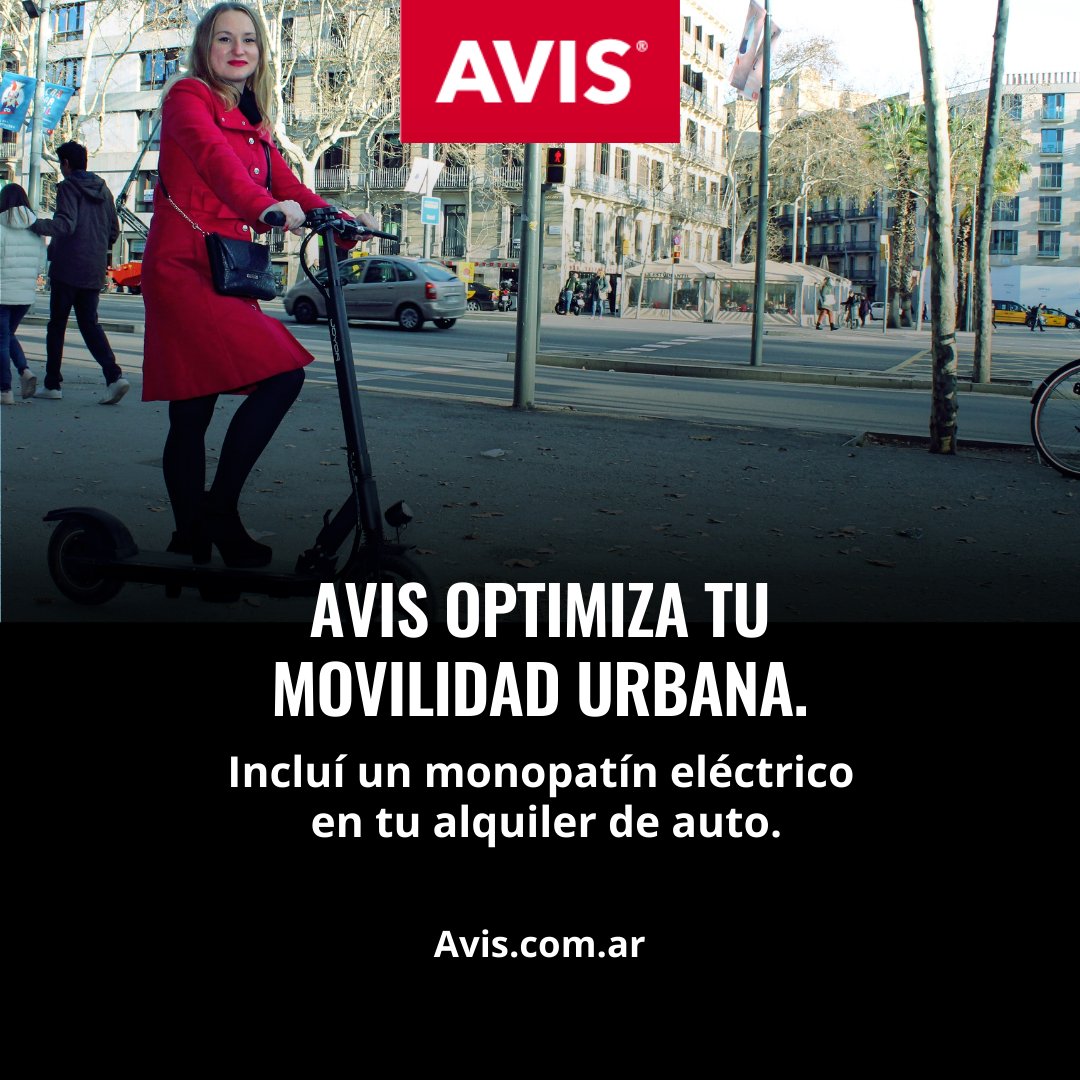 AvisArgentina's tweet photo. Una nueva manera de #movilizarse llegó a #Avis #Argentina. #Monopatines #eléctricos para #complementar tus #viajes en #auto. Con el alquiler de tu vehículo podés adicionar un monopatín. Conocé más: https://t.co/wINUZJ7aM9 https://t.co/qVqp8vlN3A