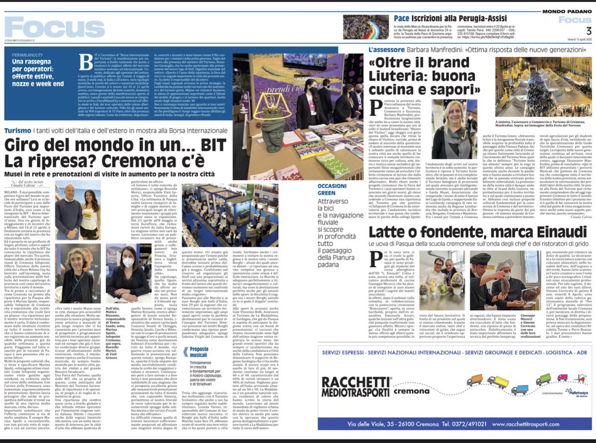 Claudia_Cabrini's tweet photo. Con un pizzico di orgoglio vi ricordo che in edicola su Mondo Padano trovate il mio ricco reportage sulla BIT - BORSA INTERNAZIONALE DEL TURISMO, con anche l’intervista a numerosi operatori turistici italiani e all’Assessore al Turismo di Cremona, Barbara Manfredini. ✍️ #BIT2022 https://t.co/DUZPaGci4F