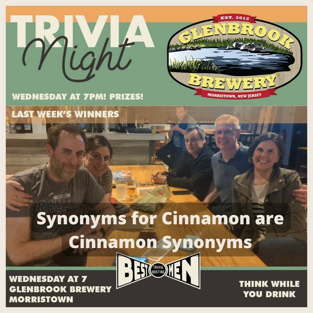 We're back again at Glenbrook Brewery this Wednesday night for another fun night of trivia. Who knows what tongue twister name 'Synonyms for Cinnamon are Cinnamon Synonyms' will come up with next?

Join us for more thinking while you're drinking.

#njfun… instagr.am/p/Ccia2UDNv4T/