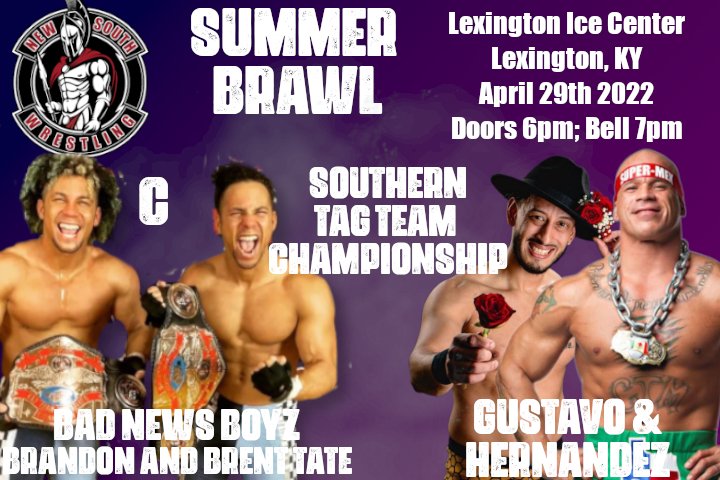 NewSouthKY's tweet photo. It's #TitleMatchTuesday! We will announce the remaining title matches today! 

Defending the #southerntagtitles, @TateTwinBrent and @TateTwinBrandon will battle @Papi_Gustavo9 and @SuperMexCTM. This one you don't wanna miss!

@PrepSpin will be there to film all of the action! https://t.co/QwHDRx75f7