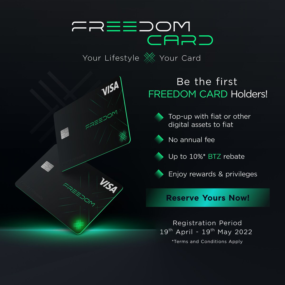 BitazzaGlobal's tweet photo. The all-new #FreedomCard, powered by #Visa. The first-ever #LED prepaid card gives you the freedom to top-up with fiat or digital assets via the #Bitazza app anytime.

Register now to be the first #FREEDOM CARD Holders!👉https://t.co/j5NUkvFYWe https://t.co/DCGhAJBXwK