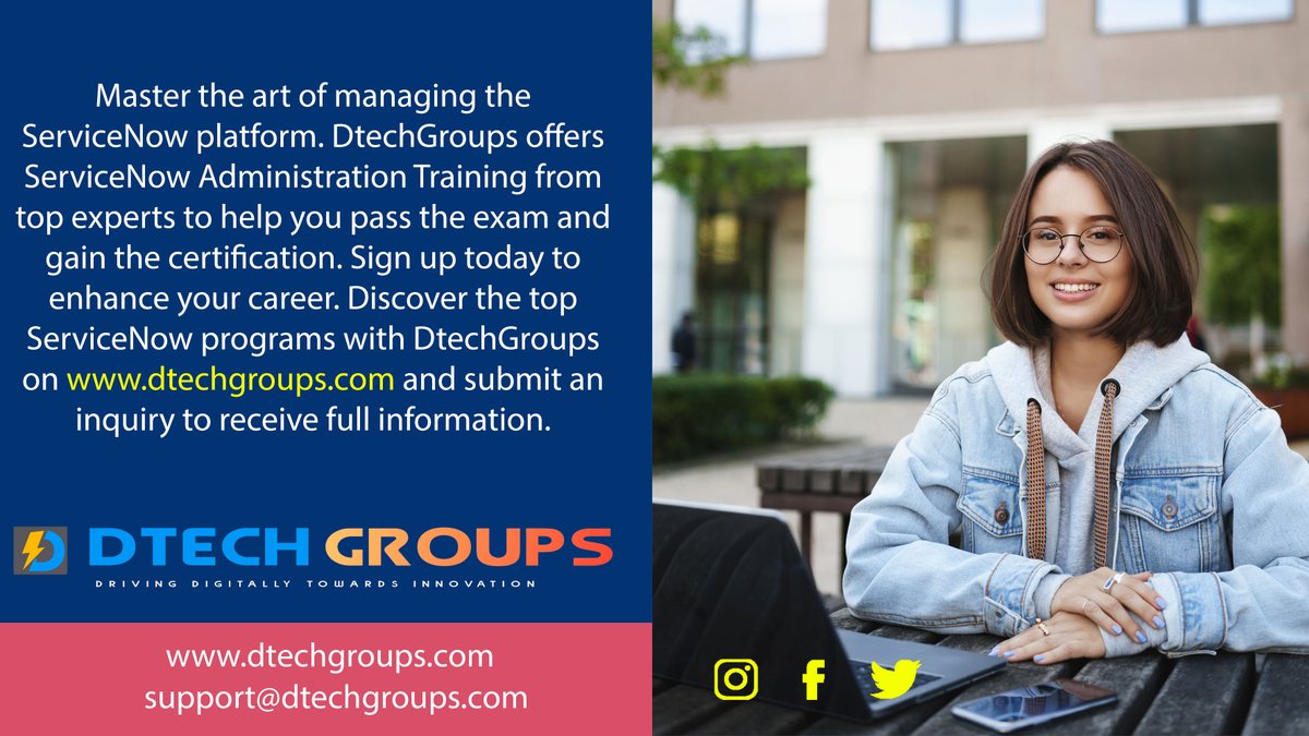 DtechgroupsM's tweet image. Master the art of managing the ServiceNow platform.  Sign up today to enhance your career. Discover the top ServiceNow programs with DtechGroups on dtechgroups.com and submit an inquiry to receive full information.
#career #training #art #help #administration #twitter
