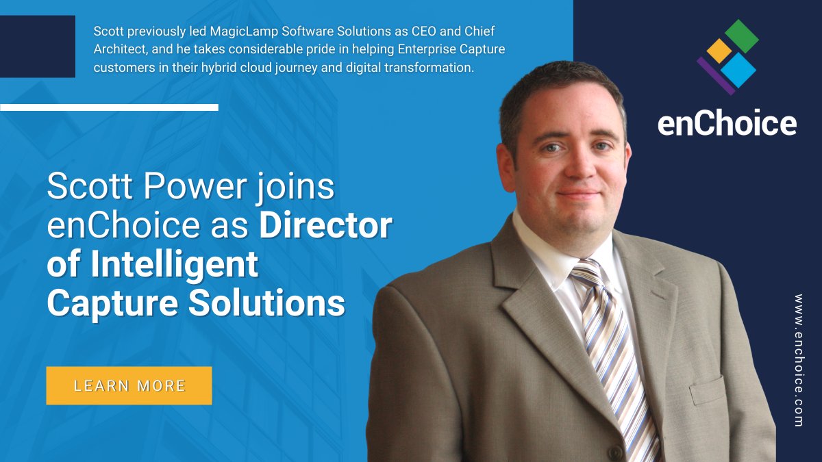 enchoice's tweet photo. We are pleased to announce that Scott Power is joining as Director of Intelligent Capture Solutions. Scott will lead the initiative to expand our focus on #IntelligentCapture. 

Read the full press release here >>> https://t.co/kDxYZxQ1z3 https://t.co/saQCfL431x