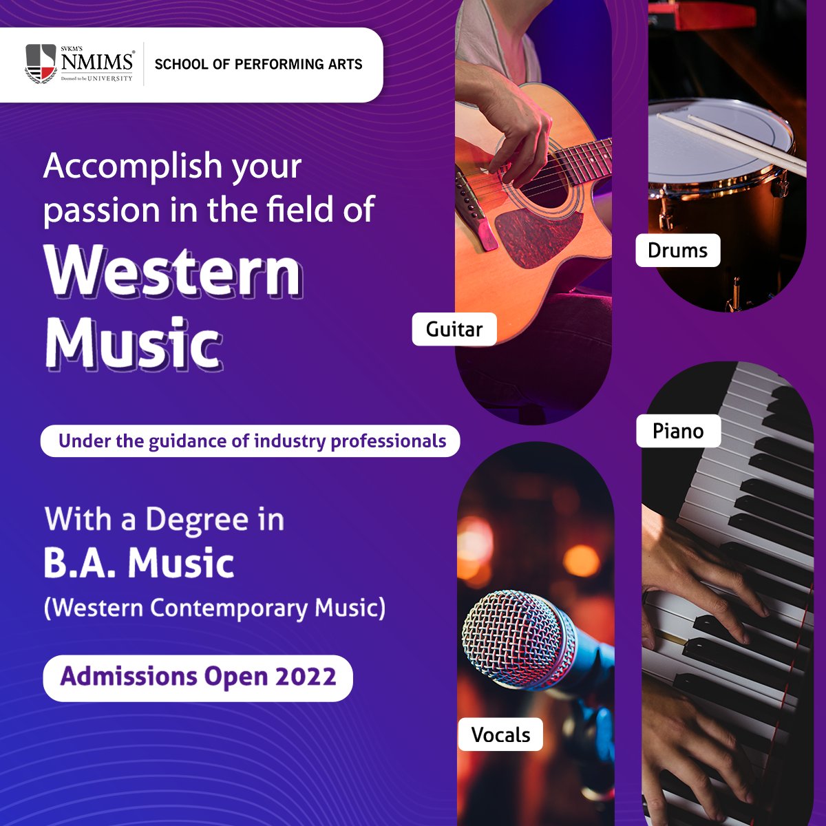 NMIMS_SoPA's tweet photo. Learn the nuances of Western Contemporary Music under the guidance of industry experts with a degree in B.A. Music (Western Contemporary Music) at NMIMS.
Apply Now: https://t.co/WKs253D6a2
@nmims_india
#NMIMS #NMIMSSOPA #BAMusic #NMIMSWesternMusic #Education https://t.co/AZuqxnyP6S