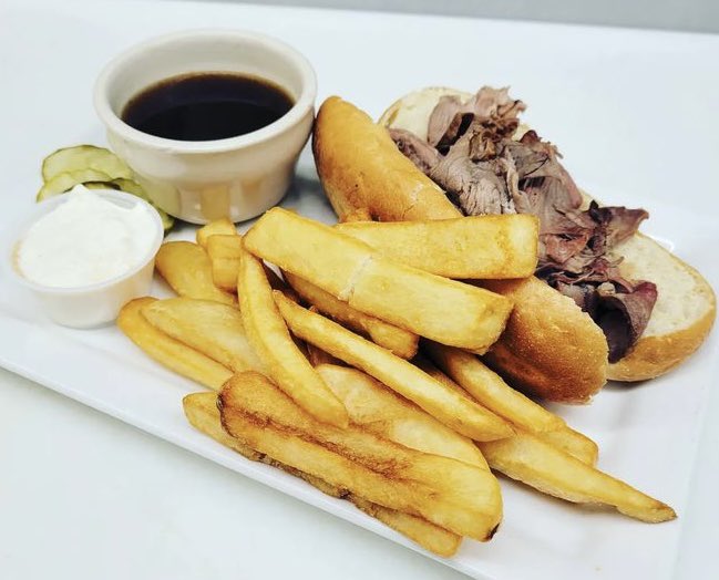 This weeks sandwich special is a roasted lamb French dip with horseradish sour cream and a thyme jus