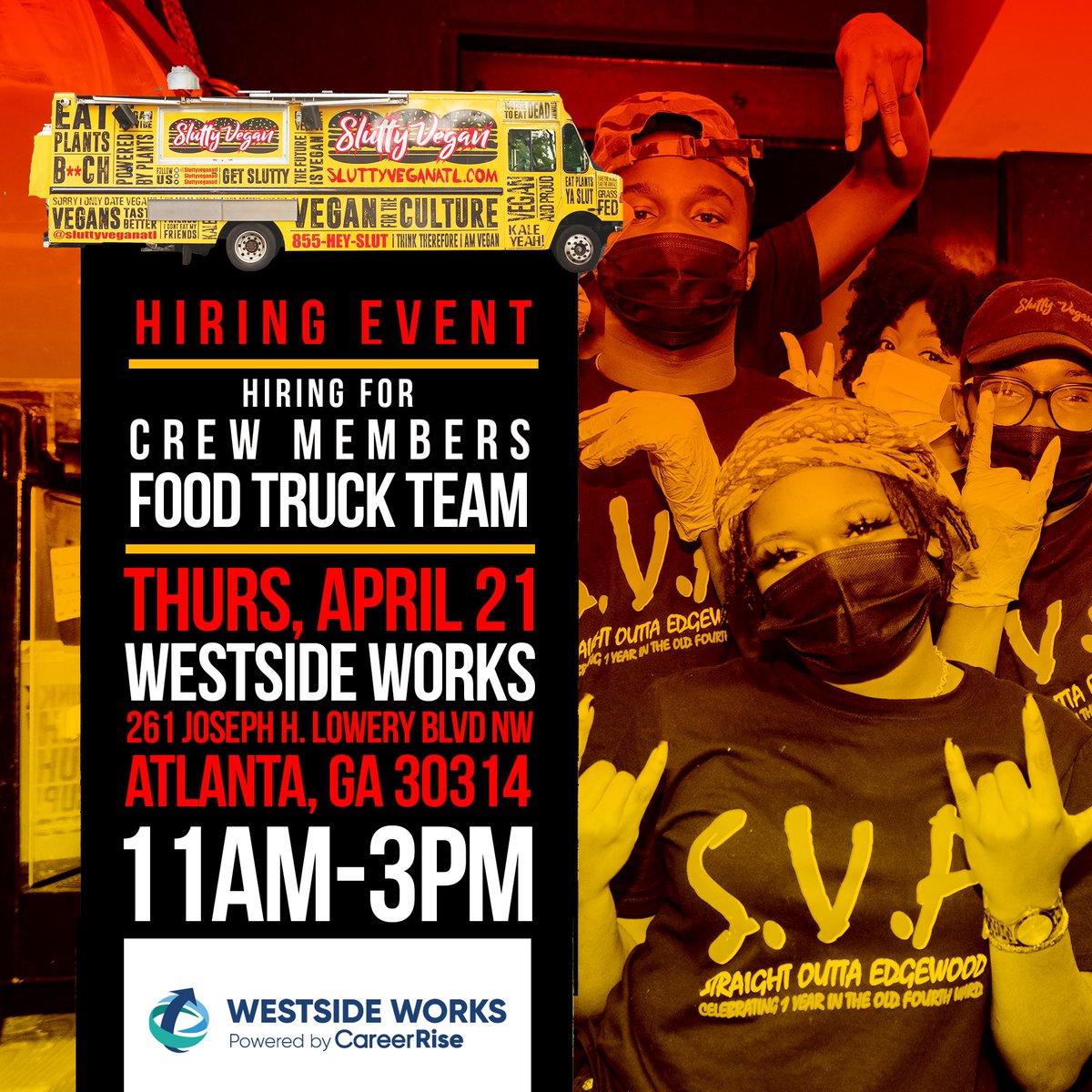 The <a href="/SluttyVeganATL/">Slutty Vegan ATL</a> Hiring Event is happening this week at Westside Works!! Join us this Thursday, April 21st from 11am - 3pm at 261 Joseph E. Lowery Blvd, Atlanta, GA to get your spot! 
#WestsideWorks #SluttyVegan #CrewMember #FoodTruck #Hiring