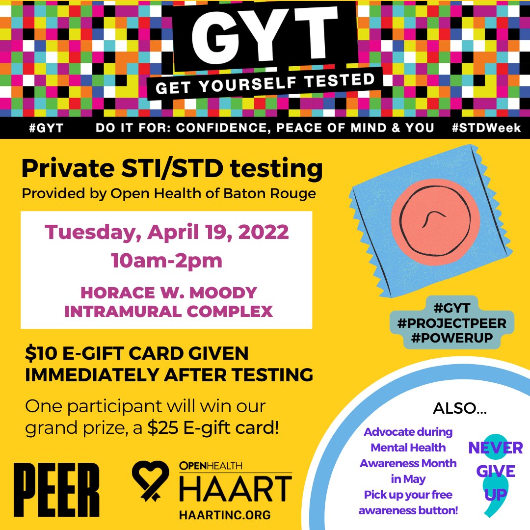 PeerProject's tweet photo. Get yourself tested with FREE, confidential STI &amp; HIV screenings, today, April 19 at @su_intramural! Join @projectpeer and @openhealth from 10am-2pm for testing, giveaways, &amp; pick up a free Mental Health Awareness month button! #ProjectPeer #GYT #wearesouthern #southernuniversity https://t.co/d5Tsd5DGhT