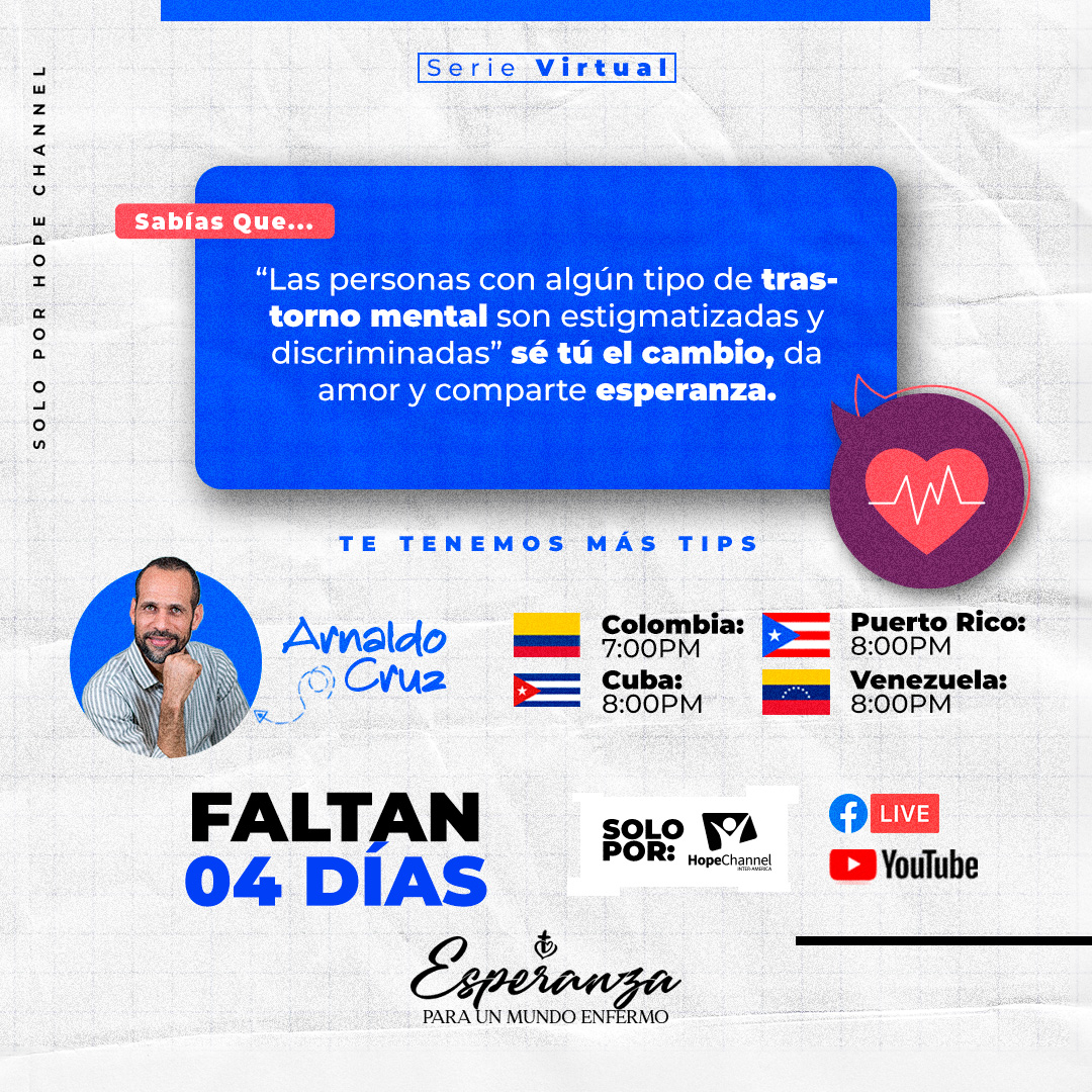 HopeChannel_IA's tweet photo. Se acerca el día ⏰ y deseamos que te unas a este clamor de esperanza para aquellas personas que han sido estigmatizadas por su condición mental ¿aceptas? invita un amigo ❤️ #EsperanzaParaUnMundoEnfermo https://t.co/zEUhsFNcY0