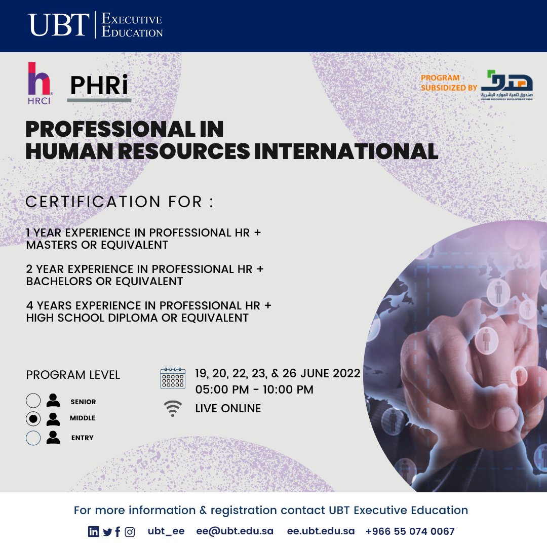 UBT_EE's tweet photo. Join our world-class @HRCI certification program for qualified Professionals in Human Resources International (PHRi).

With high standards of delivery and satisfaction, UBT Executive Education is the Premier Alliance Partner of HRCI.

#hr #executiveeducation #certifications https://t.co/mkaLErYsJ3