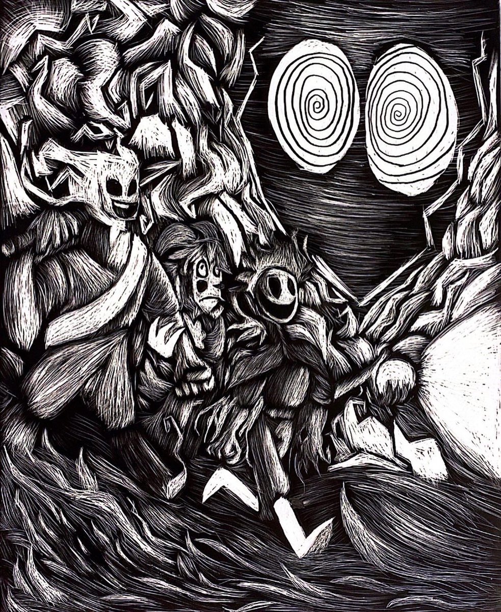 imptwoof's tweet photo. Some scratchboard from my mat tech class. I don’t really like the medium itself but the outcome was pretty good!
#scratchboard #sequentialart #project #fantasy #dnd #inkmonster #demon #jester https://t.co/IF33H8e1Yi