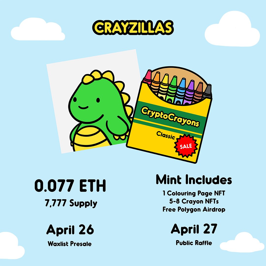 PUBLIC RAFFLE IS LIVE! 🖍

Enter here: raffle.crayzillas.com
1 entry per person
Registration closes on 4/22 at 11:59PM PDT

🎉 We still have WL to give away! RT, like, follow and tag frens to be considered!