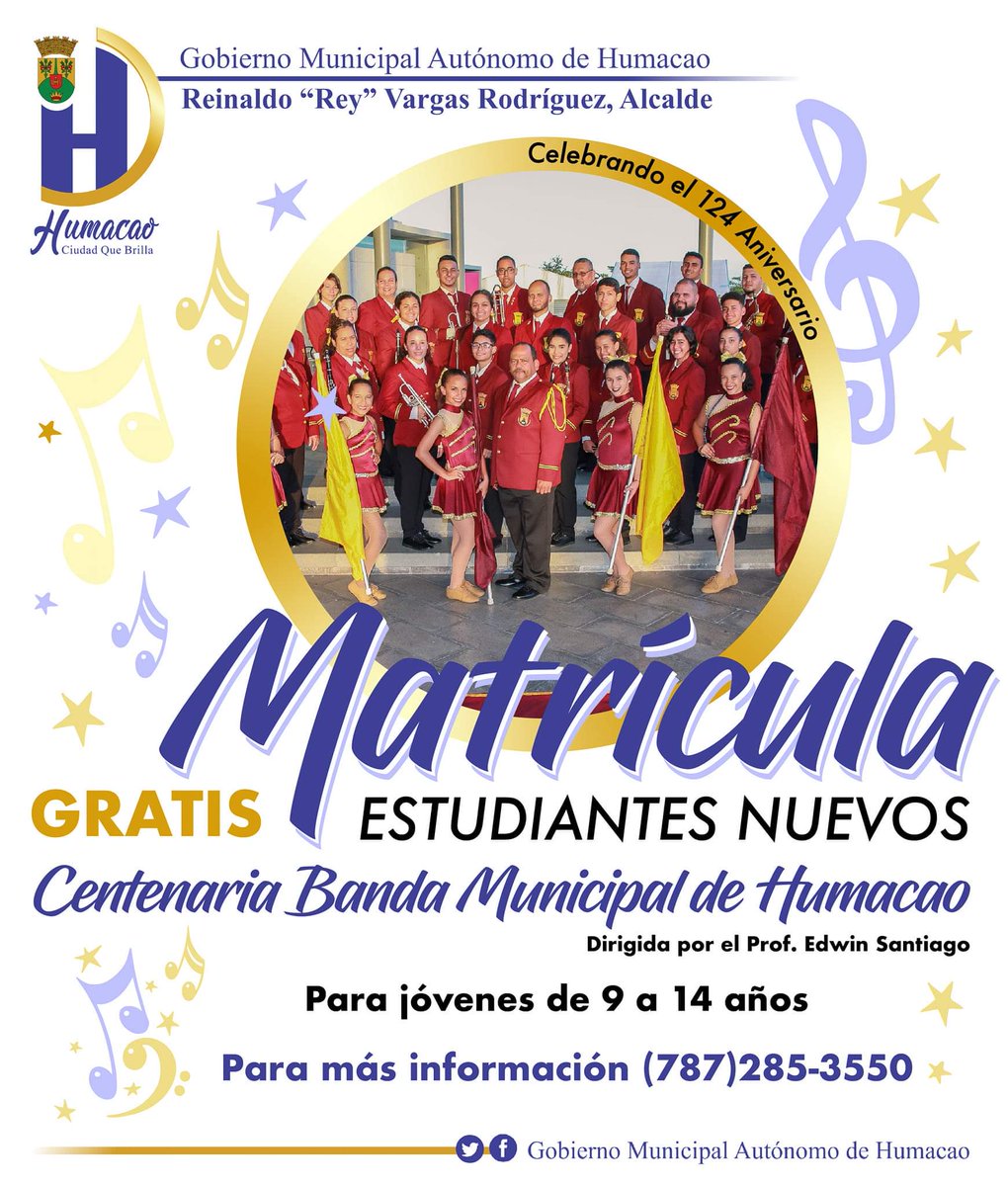 MHumacao's tweet photo. Matrícula para estudiantes nuevos  de la Centenaria Banda Municipal de Humacao para jóvenes  de 9 a 14 años.
Sé parte de esta espectacular Banda que le ha dado gloria a nuestra Ciudad Gris. https://t.co/Gu7TzqkuEt