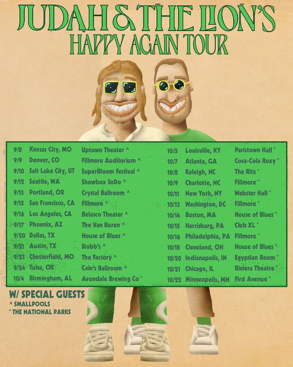 judahandthelion's tweet photo. HAPPY AGAIN TOUR 💚 We're stoked to bring @TheNatlParks and @smallpools along for the ride! Tickets go on sale this Friday at 10am local!!

https://t.co/WKuLWN7X36 https://t.co/Kn5yzn0LcS