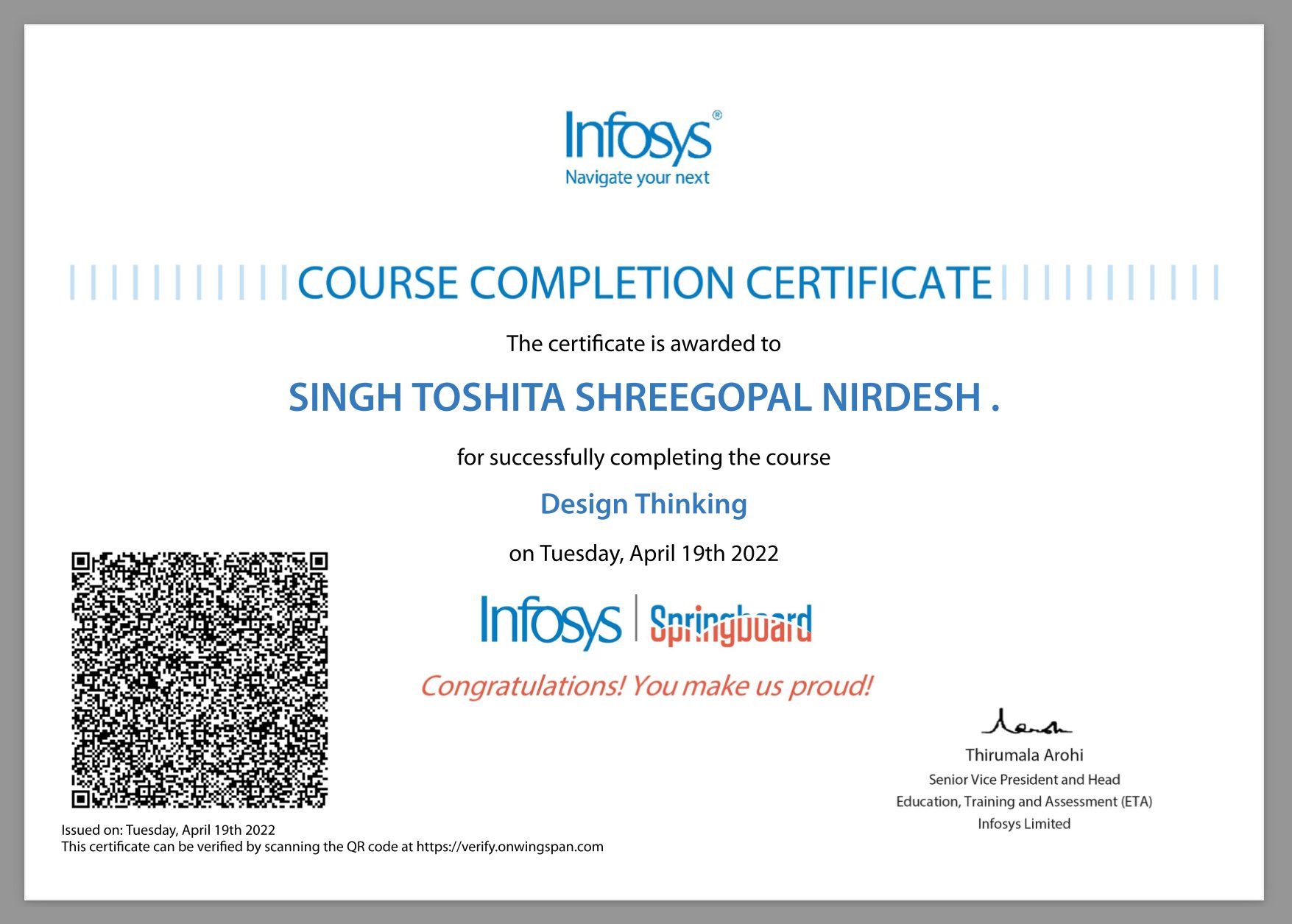 Toshita Singh 💜 on Twitter: "Got my certificate on "Design Thinking" by Infosys Springboard. @Infosys #InfosysSpringboard https://t.co/byy3B2YlcP" / Twitter