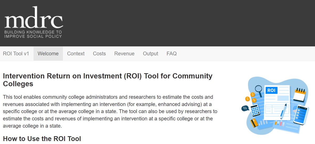 MDRC_News's tweet photo. NEW! MDRC just launched the Intervention Return on Investment (ROI) Tool for Community Colleges🧮

The ROI Tool is a free web-based app that helps college administrators estimate the costs &amp; revenues resulting from a new intervention at their college. 1/4 https://t.co/CT6iK6ZcMh https://t.co/GPTMILQAbg