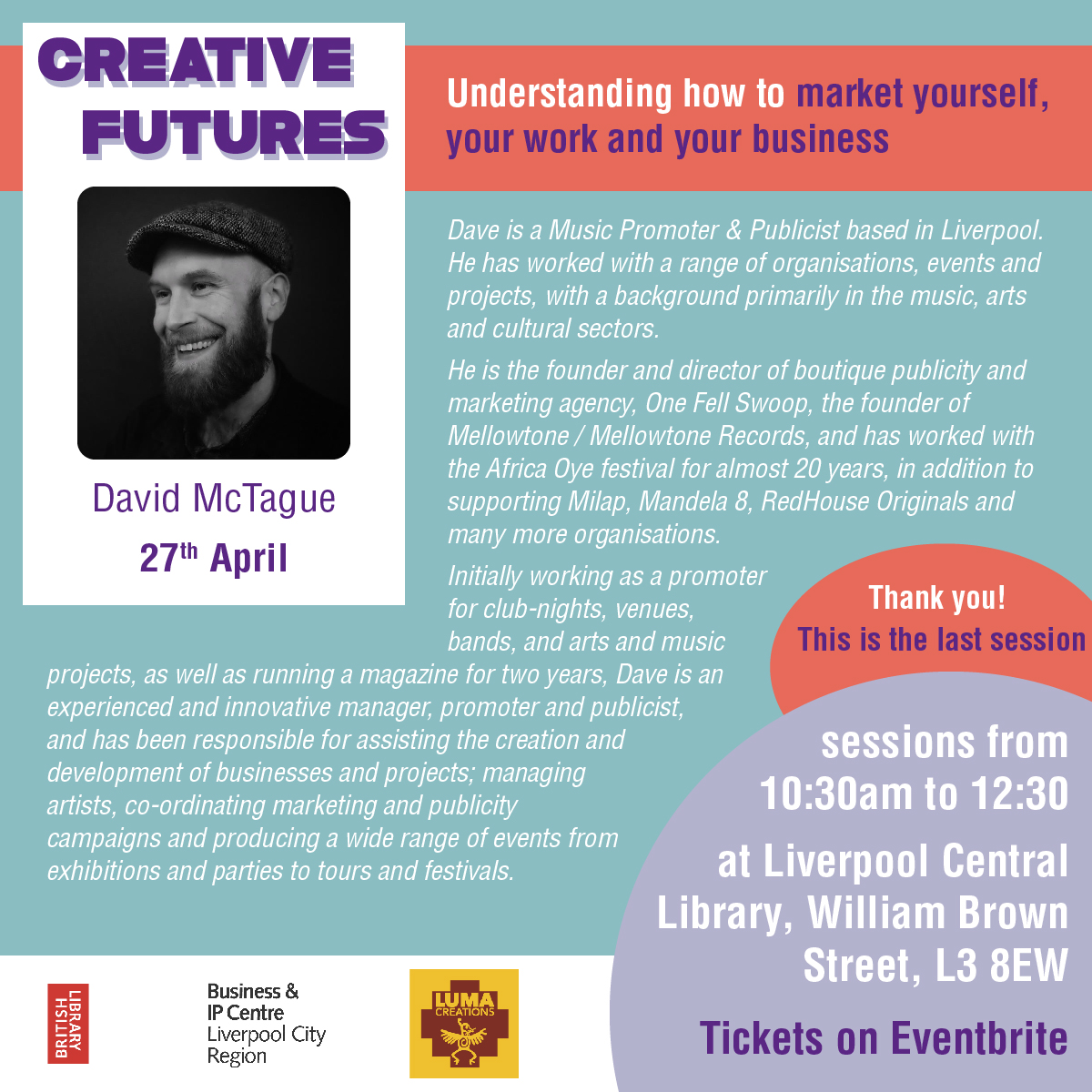 lumacreations's tweet photo. This is the last session! #CreativeFutures rounds up with David McTague, director @OneFellTweet talking about how to #Market yourself, your work and your business @Lpoolcentlib 
#Free but please book https://t.co/p44vhIPi7R 
#LiverpoolCreatives #MerseysideArts #LiverpoolTraining https://t.co/QckXNoKXQQ
