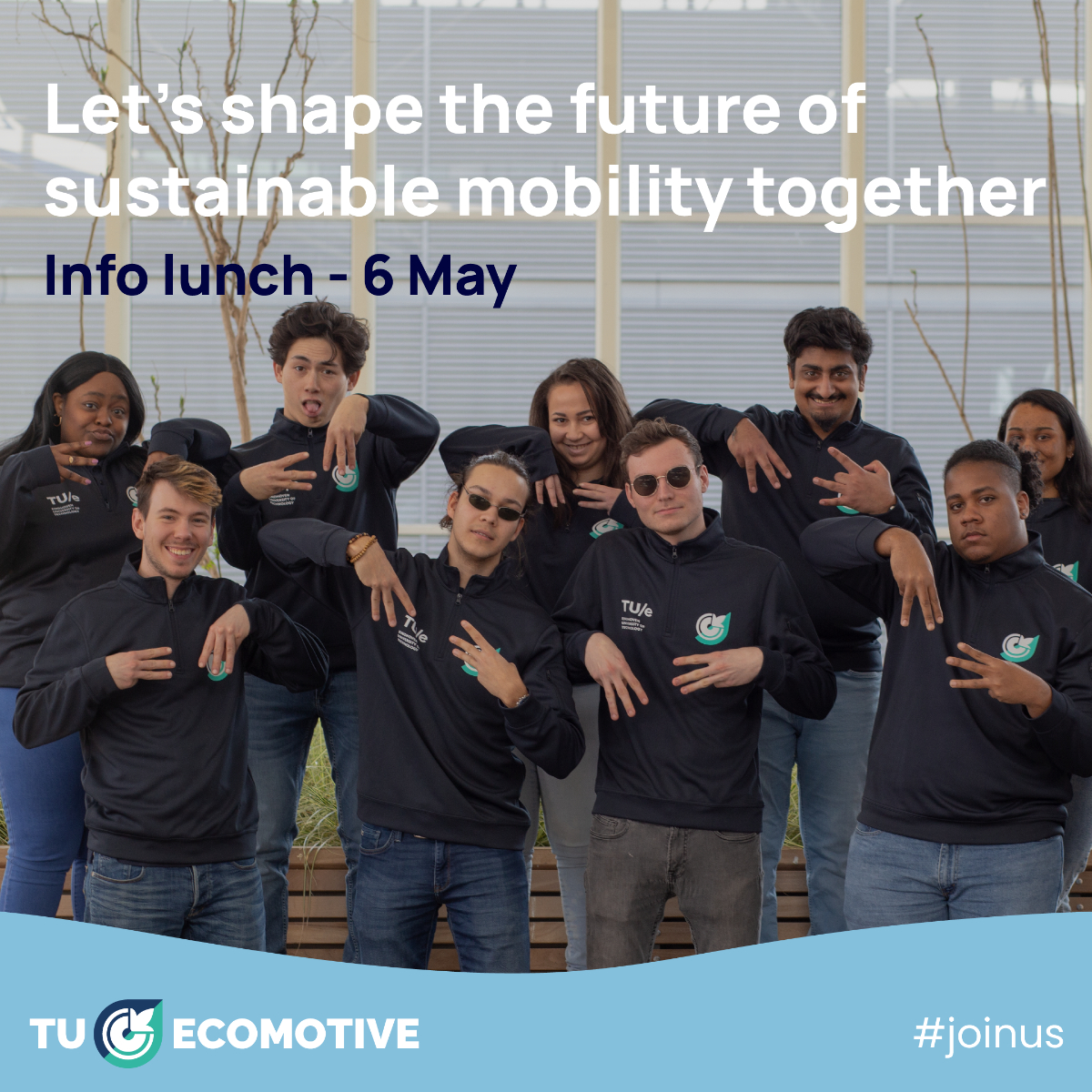Are you interested in joining TU/ecomotive? 

On the 6th of May from 12.40 - 13.30, we will be organizing an info lunch to give you more information about what we do as TU/ecomotive! 🚗

Sign up via the following link! forms.gle/HDG9WiubjgysUf…