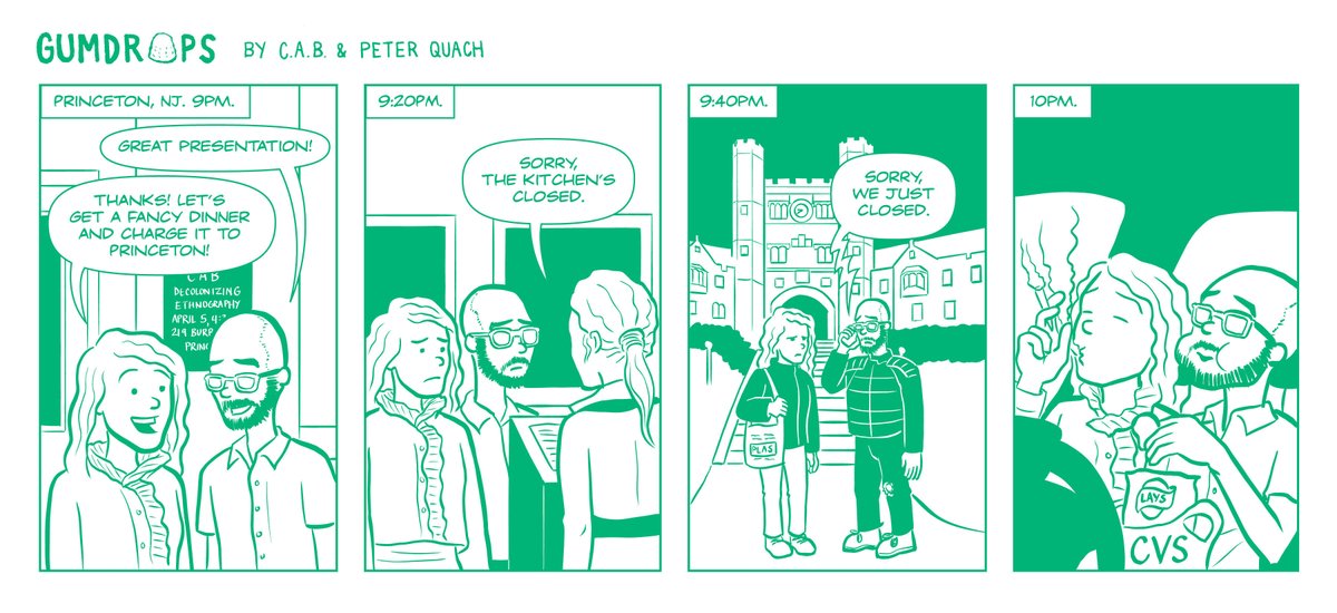 pbquach's tweet photo. Sampling the fine dining and bustling night life in Princeton in our latest Gumdrops comic. With @CAlonsoBejarano #comics https://t.co/gVFVc3xYl0