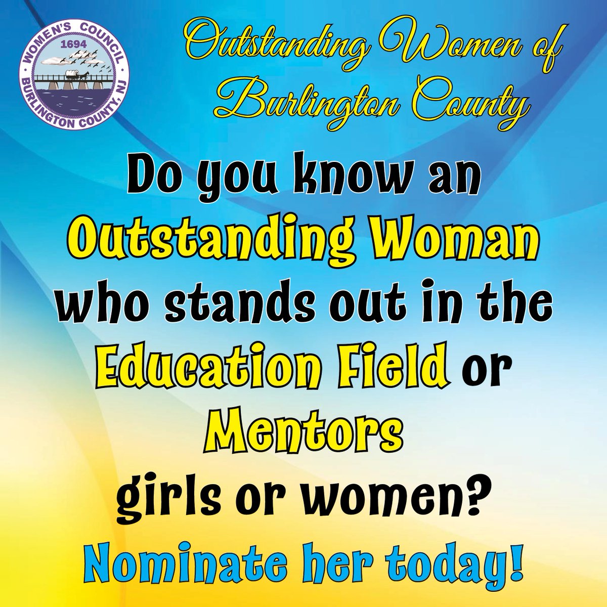 BurlCoWomen's tweet photo. The Council is accepting nominations for the 2022 Outstanding Women of Burlington County Awards! Do you know a woman working in the education field or someone who goes above and beyond mentoring other women? Nominate her to be recognized! Learn more: https://t.co/anE3UuTKLw https://t.co/ysVkoNBac1