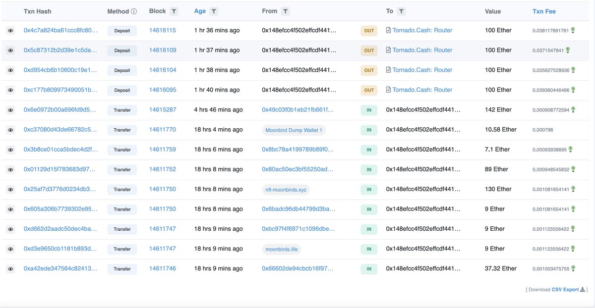 _0xpeachy's tweet photo. New Moonbird scam dump wallet: https://t.co/7PwhPgR5zo

400 ETH washed today. 

Closing in on 2000 ETH stolen from the NFT space! https://t.co/xWfU0vsS9i