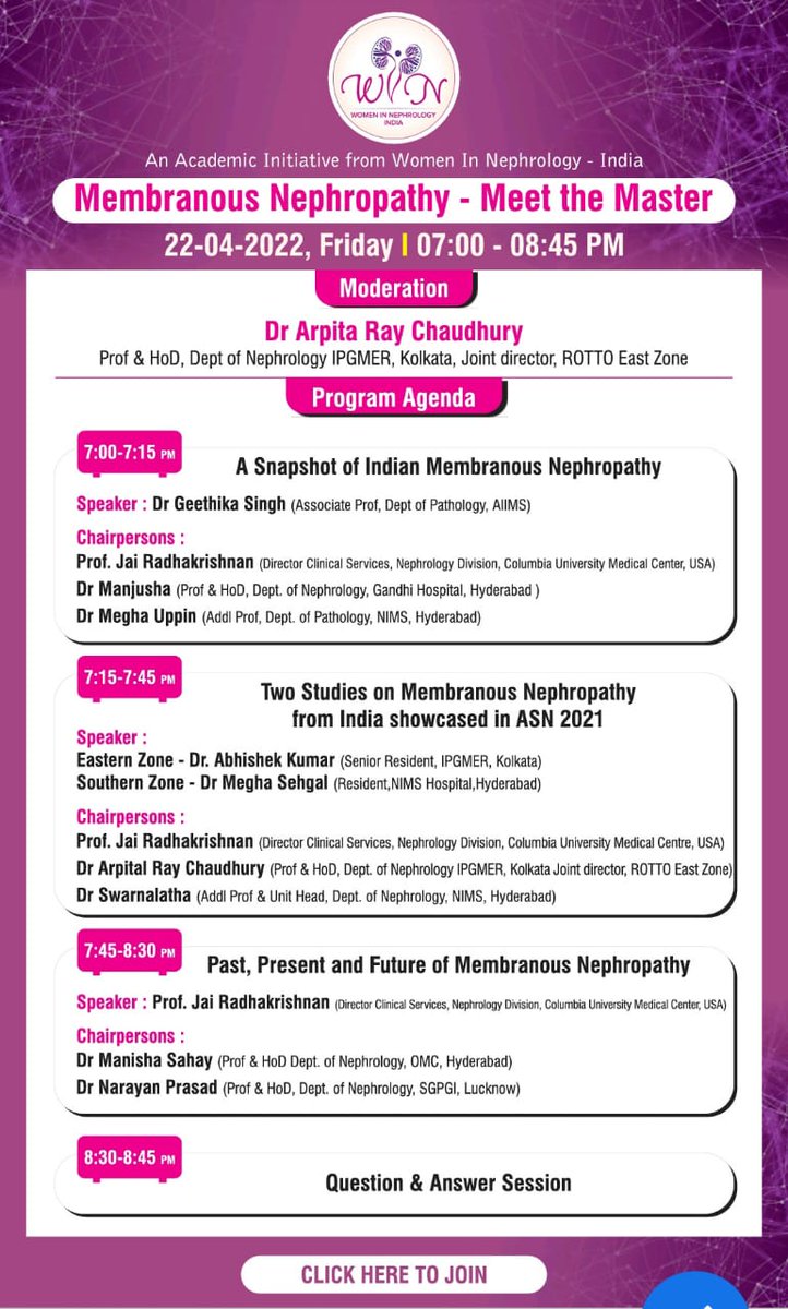 WomenNeph_india's tweet photo. Meet the master' series begins this 
Friday with @DrGeetikaSingh1 and @jradnephro @myadla @divyaa24 @SwarnalathaGud2 
Meeting conceptualised by Prof Arpita Roychaudhury 
Details https://t.co/H5qCMug8jM #windindia https://t.co/H4eQlj0NiN