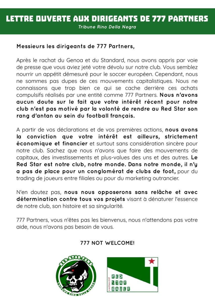 stadebauer's tweet photo. 📩LETTRE OUVERTE 📩

Lettre ouverte à destination des dirigeants de "777 partners" de la part de la Tribune Rino Della Negra ✊ https://t.co/vNZju7SEsz