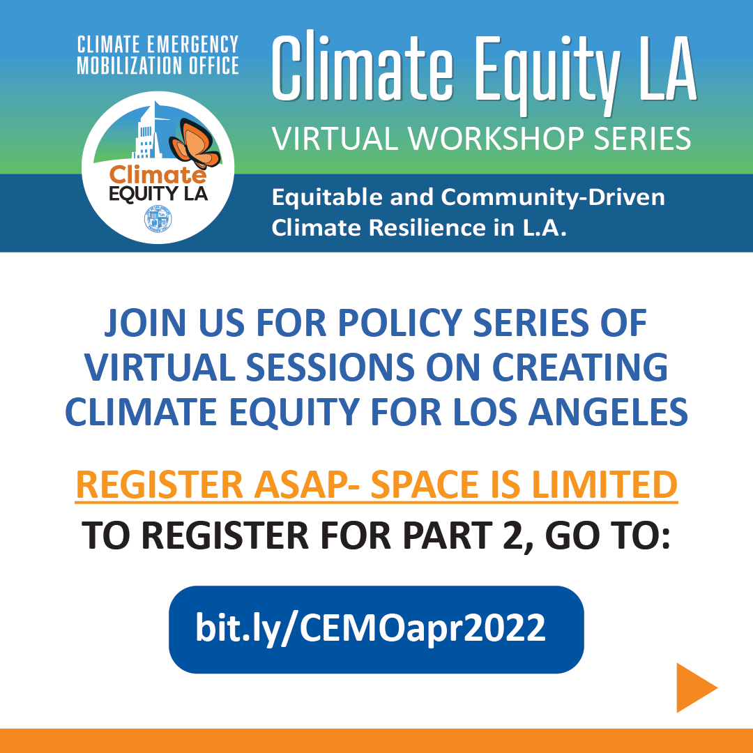 Honor the Earth 🌎 & #BeTheChange, become more climate and health resilient, and avoid the #ClimateCrisis 👉 Share your voice at #ClimateEquityLA series. Thursdays in April from 6-8 PM. bit.ly/CELA-Part2Flyer ✅
🔗 Register here: bit.ly/CEMOapr2022 ✅