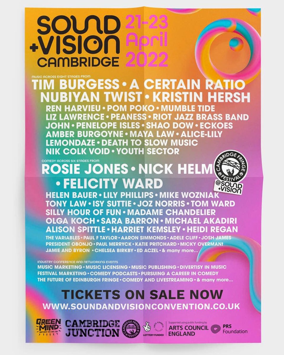 Sound and Vision is just two days away. We have a full weekend packed with music, comedy and conferences taking place throughout Cambridge's best venues. Tickets are on sale but running low - hit up the link: bit.ly/3Eu8J6p See you at the front!