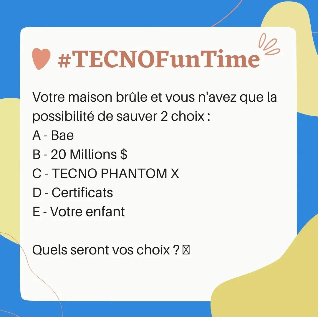 TECNOMobileCM's tweet photo. #TECNOMobileCM 🤨🤔😀#TECNOFunTime
Votre maison brûle et vous n'avez que la possibilité de sauver 2 choix :
PS :Les millions et Mon enfant
Quels seront vos choix ? 🤣 https://t.co/4sOfQ3Nm08