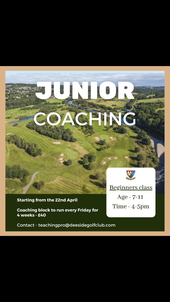 DeesideGolfClub's tweet photo. Junior Coaching on Mondays - FULL ✅ 
Junior Coaching on Fridays - Limited spots  available!!

Get in touch to book one of the last available spots for our Jumior Group coaching with Frankie Murray - PGA Professional

Contact - teachingpro@deesidegolfclub.com https://t.co/BFX503CsKa