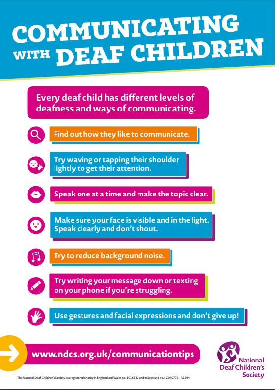 #DeafAwarenessWeek

The @NDCS_UK have come up with some great #DeafAwarenessTips to help when communicating to a hearing impaired child #DAW2022