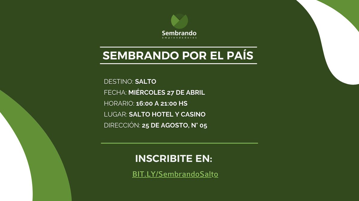 sembrandouy's tweet photo. 🔊 Seguimos recorriendo el país, siguiente destino: SALTO📍

🗓 Miércoles 27/04
🕡 15:30 hs. Acreditaciones
🕡 16:00 hs. Inicio
📍 Salto Hotel y Casino
Dirección: 25 de Agosto, N° 05

Hay SÓLO 100 CUPOS DISPONIBLES, inscribite: https://t.co/6LIeMUwhyf https://t.co/AKK73Jly6G