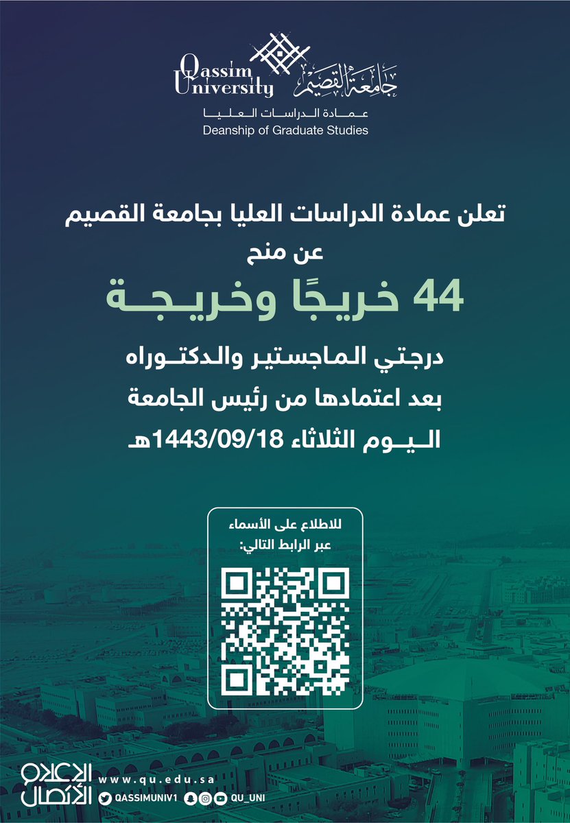 تعلن عمادة الدراسات العليا بـ #جامعة_القصيم عن منح 44 خريجًا وخريجة درجتي الماجستير والدكتوراه بعد اعتمادها من معالي رئيس الجامعة اليوم الثلاثاء الموافق 18 / 9 / 1443هـ.

للاطلاع على الأسماء عبر الرابط التالي:

gsd.qu.edu.sa/content/news/3…