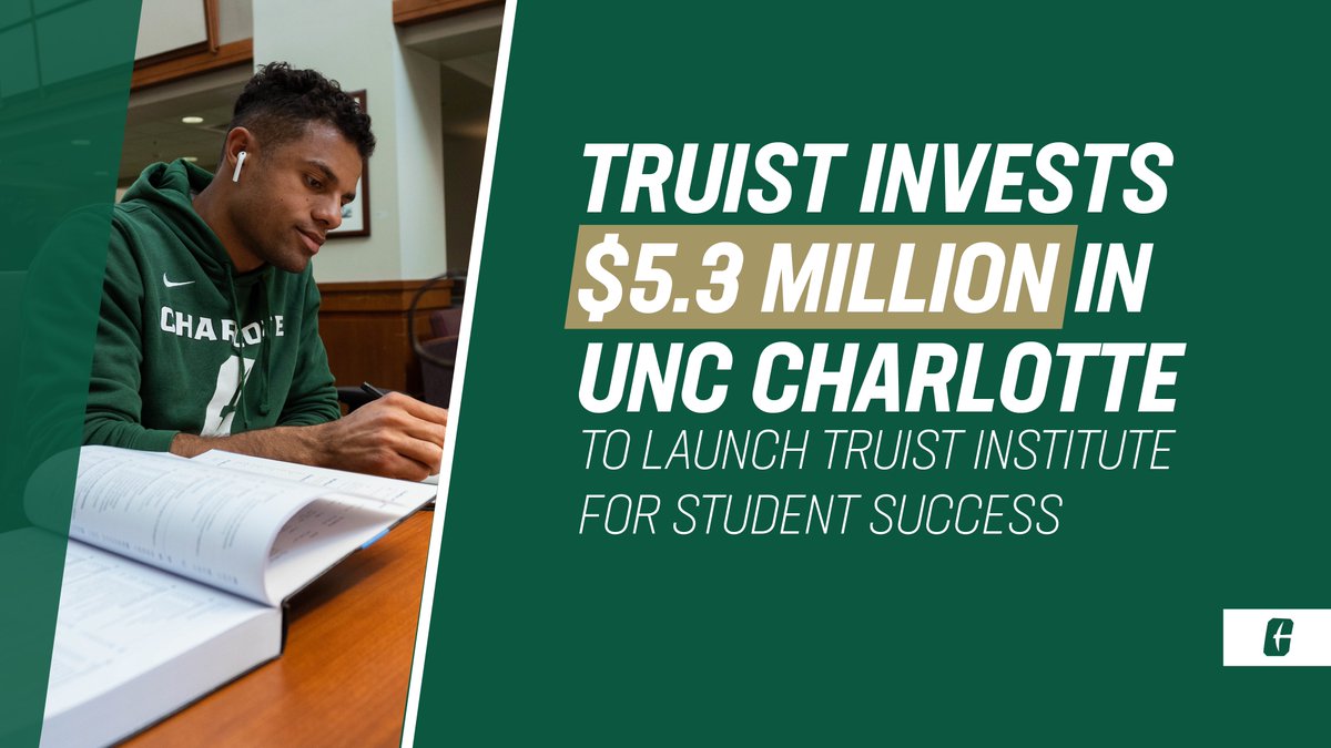 unccharlotte's tweet photo. As we celebrate how we are shaping what's next, we are proud to announce a new partnership with @TruistNews. The Truist Institute for Student Success will create countless opportunities for students to succeed at Charlotte and throughout their lives ➡️ https://t.co/4oUDtnVHc2 https://t.co/8FnLV5YFd7