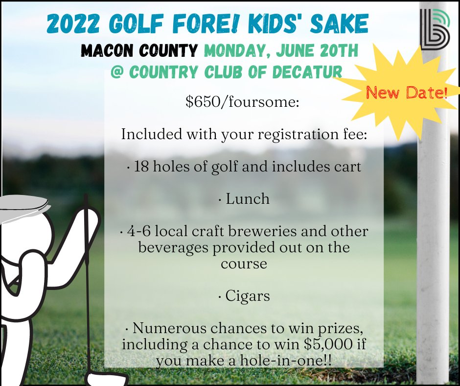 New Date! Golf Fore Kids' Sake in Decatur will be on Monday, June 20th. You can find more info and register here: classy.org/event/macon-go…